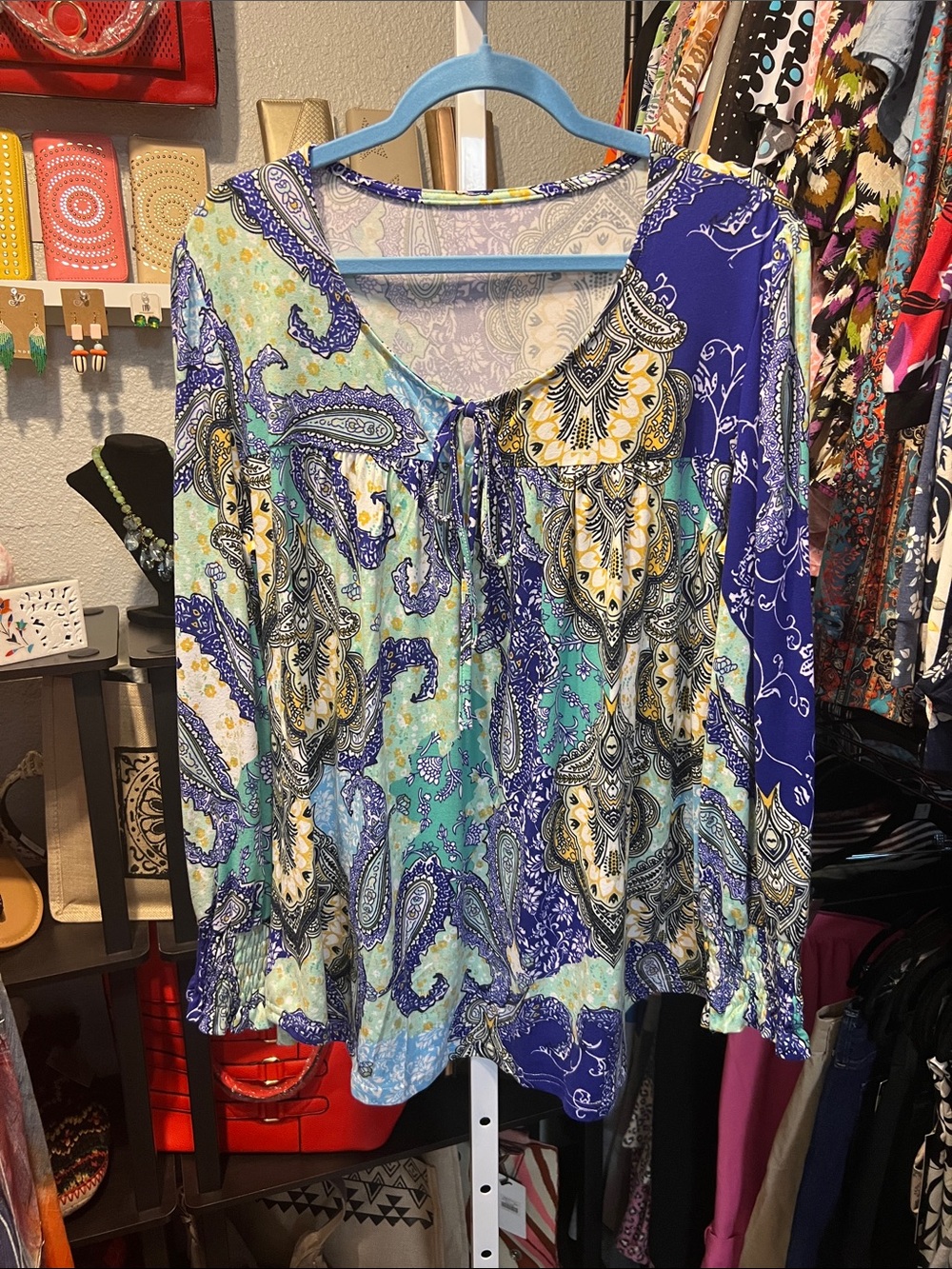Paisley Tie-Front Long Sleeve Blouse - Blue/Teal